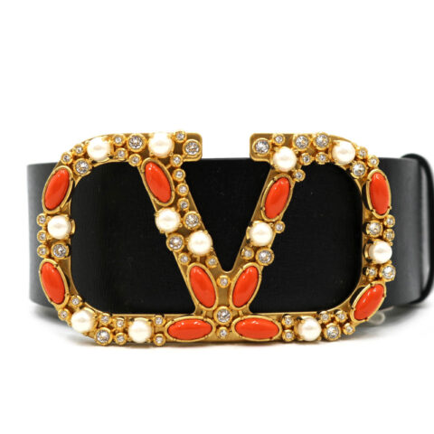 Valentino Cintura Reversibile Pelle Nera e Panna Logo Pietre Multicolor