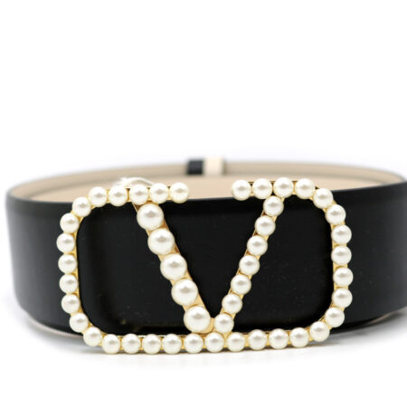 Valentino Cintura Reversibile Pelle Nera/Bianca Logo Perle